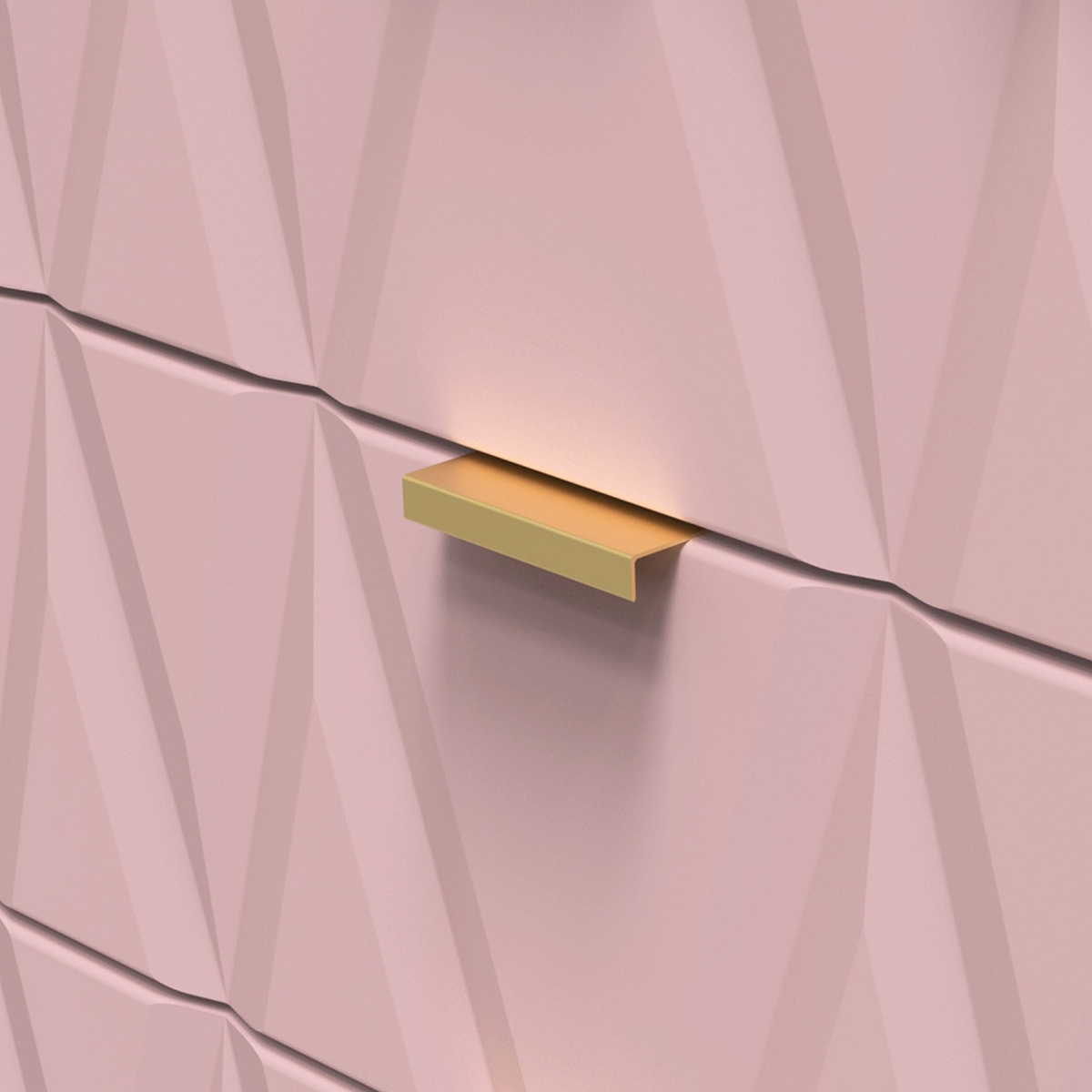 Golden rectangular drawer handle on a pink faceted wall, light subtly accentuating its color and shape.
