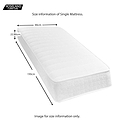 A single mattress with dimensions: width 90cm, length 190cm, thickness 22.86cm. Text reads "ROSELAND Furniture Size information of Single Mattress. Image for size information only."