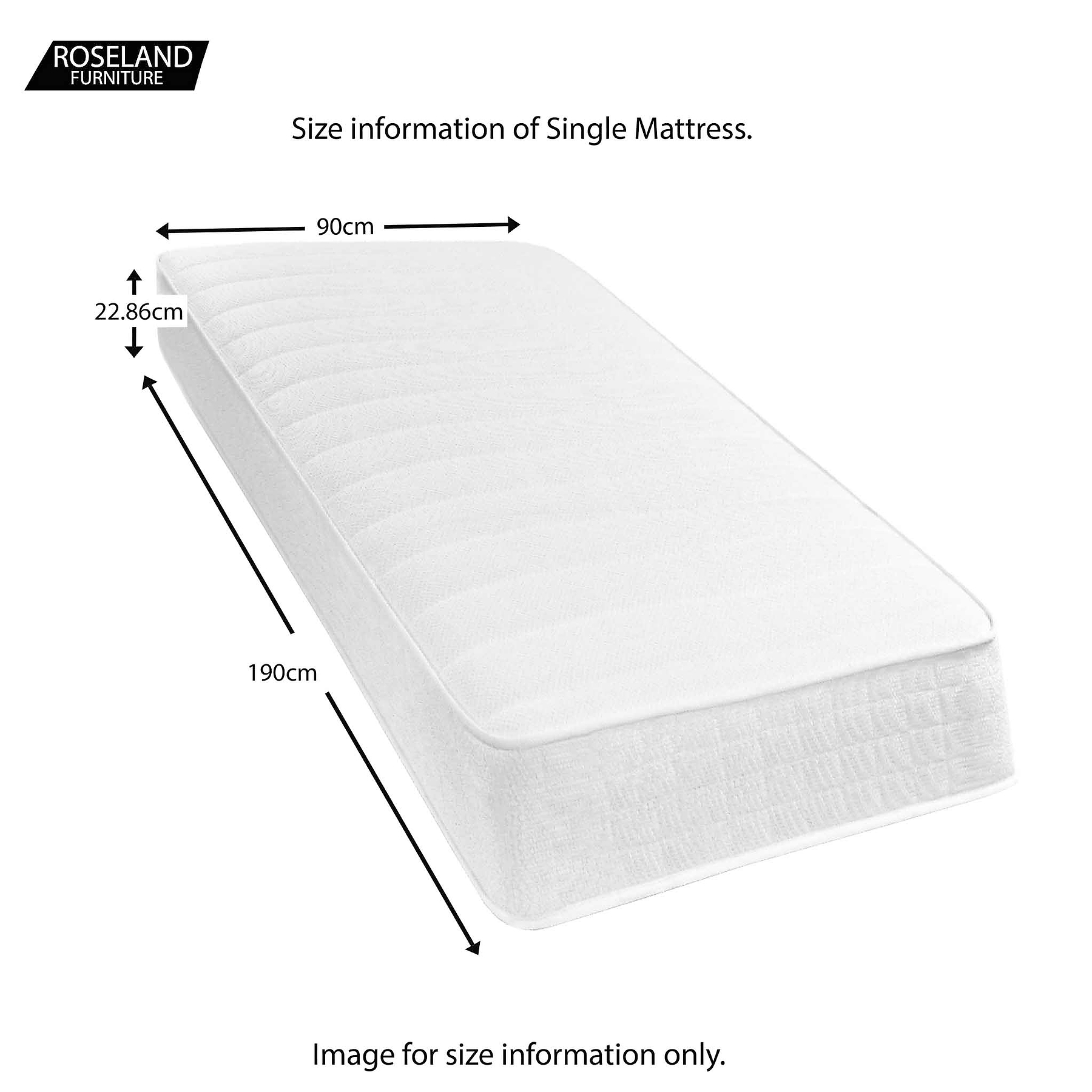 A single mattress with dimensions: width 90cm, length 190cm, thickness 22.86cm. Text reads "ROSELAND Furniture Size information of Single Mattress. Image for size information only."