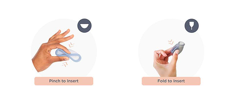 Illustration showing how to insert a menstrual disc and menstrual cup using different folding methods