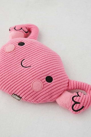 Pink plush toy shaped like a uterus with smiling face and fallopian tubes.