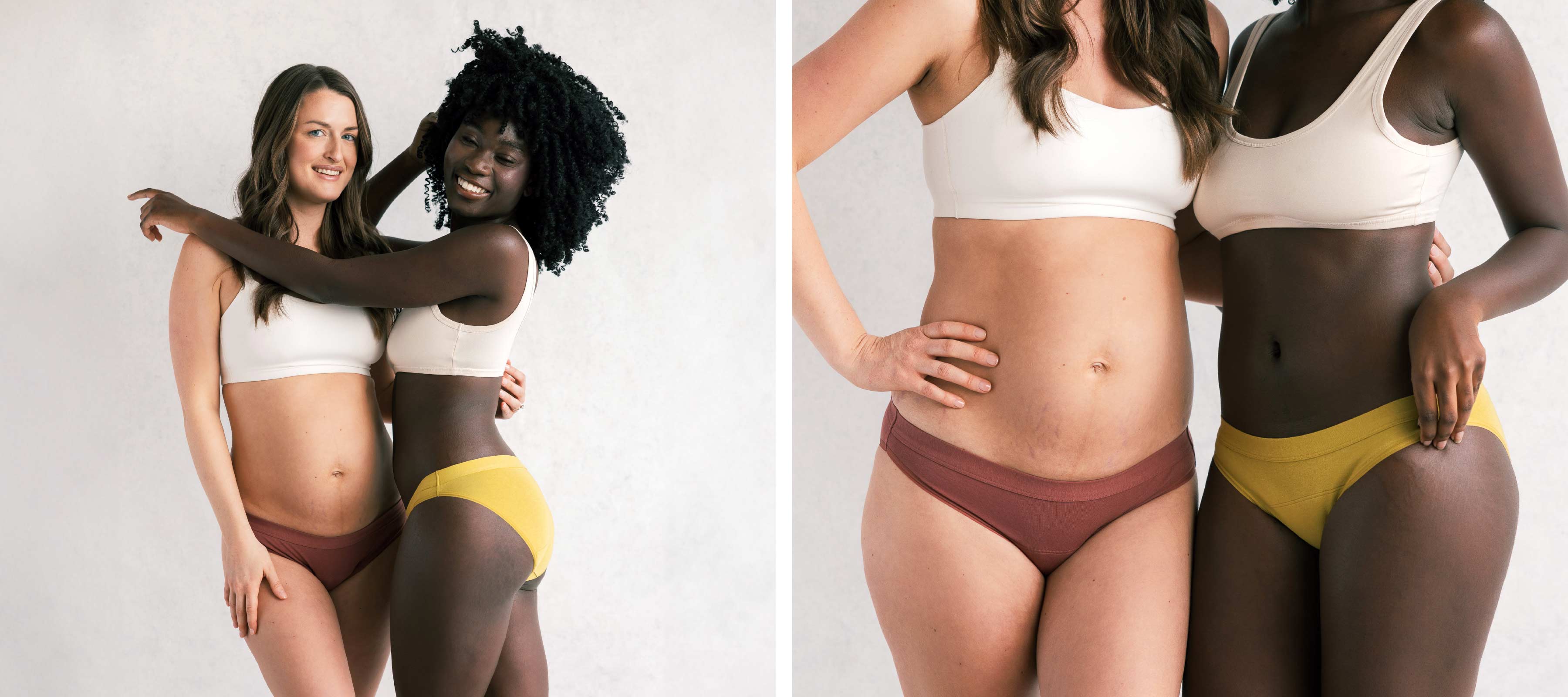 Two diverse women modeling neutral bralettes and colorful underwear in inclusive body-positive campaign imagery.