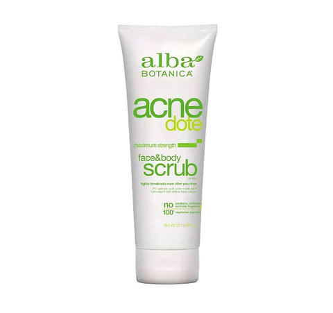 Tube of Alba Botanica Acnedote face and body scrub on a light gray background.