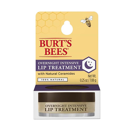 Burt’s Bees Overnight Intensive Lip Treatment jar with retail display packaging on gray background.