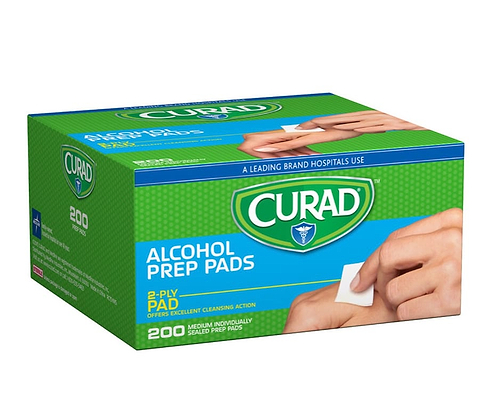 Box of Curad alcohol prep pads with 200 individually sealed wipes.