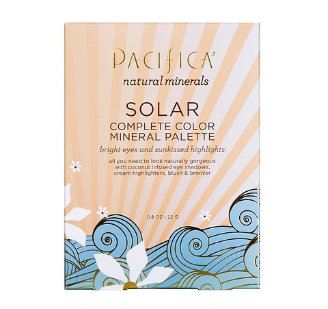 Pacifica Solar Complete Color Mineral Palette box with pastel sunburst and wave design.