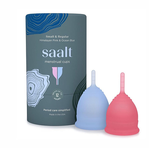 Saalt menstrual cup packaging with blue and pink reusable menstrual cups.