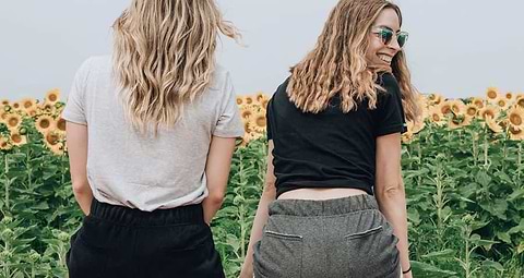 Dos personas sentadas en un muro frente a un campo de girasoles.