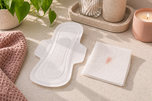 Clean pad next to toilet paper with small amount of blood on it. They are on a nice countertop with a plant , candle, and other items in the background