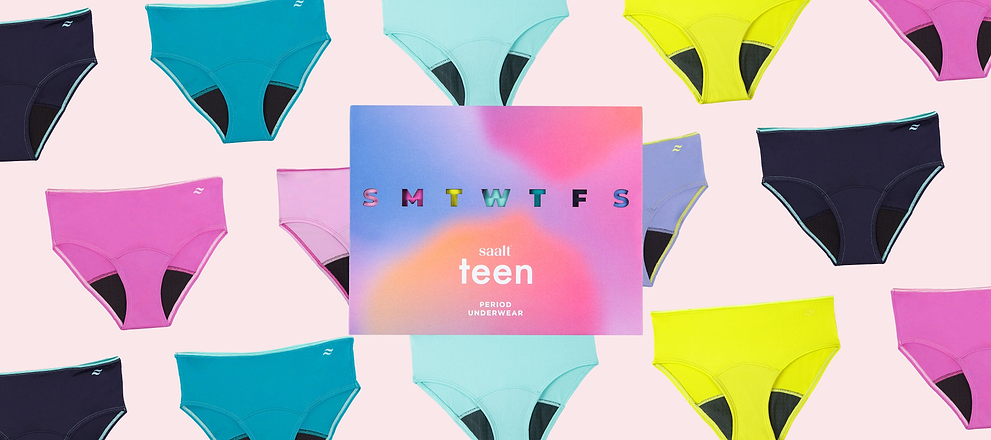 Colorful Saalt teen period underwear lineup showing period pants for teenagers in multiple styles and absorbency options.