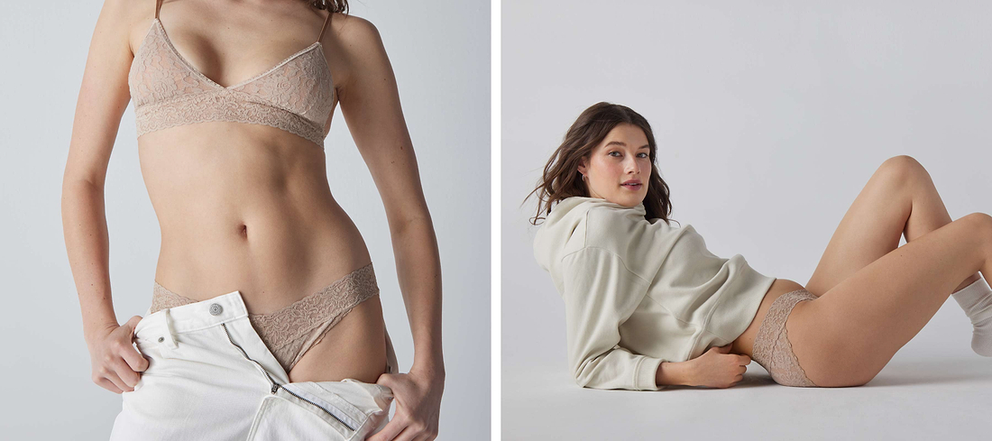 Woman modeling beige lace lingerie in close-up and reclining poses against a light gray background.