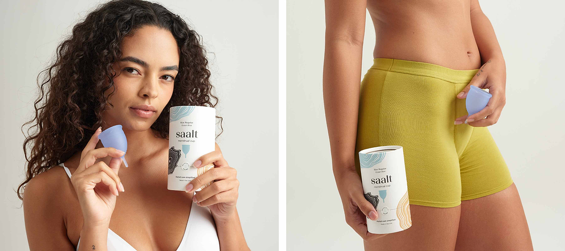Woman holding a blue menstrual cup and Saalt packaging in bright studio portraits with neutral backgrounds.