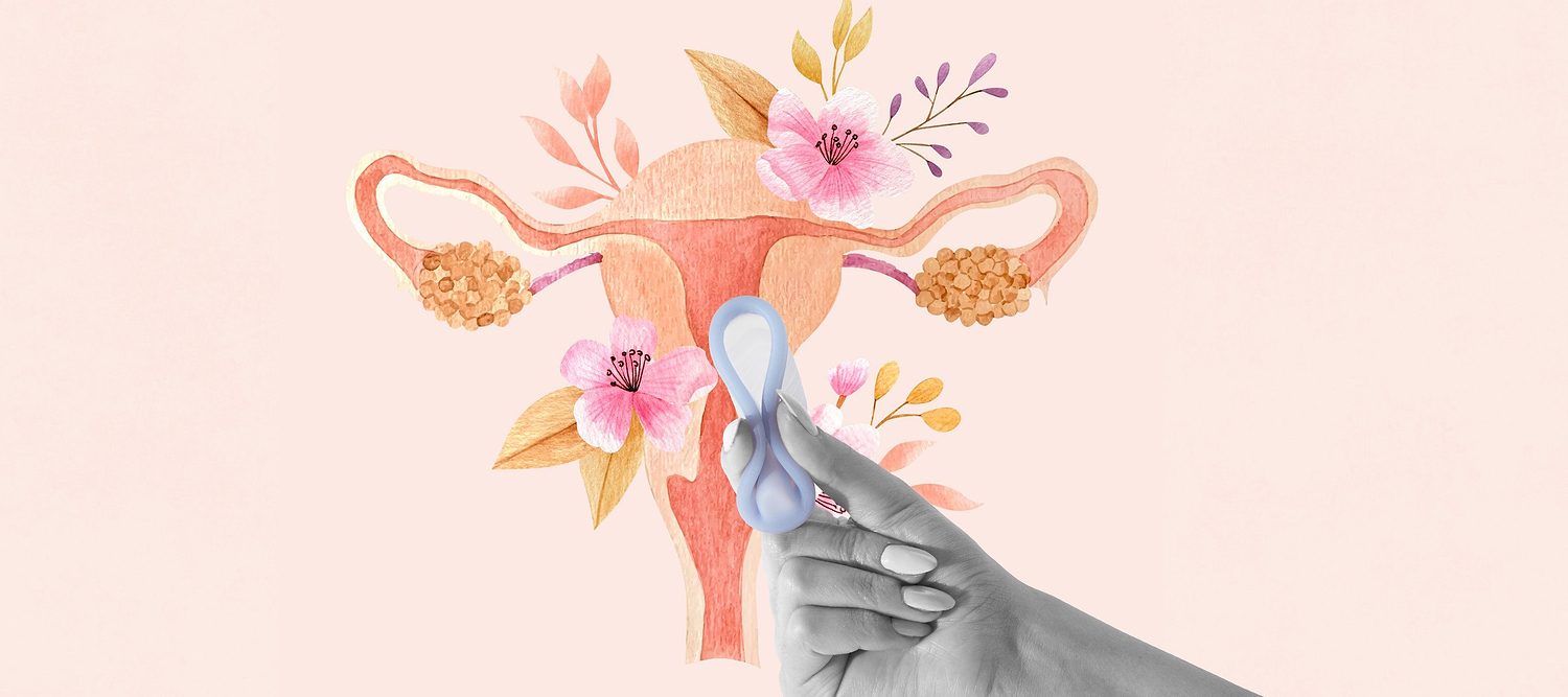 Hand holding menstrual cup in front of illustrated uterus with flowers