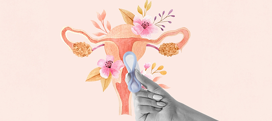 Hand holding menstrual cup in front of illustrated uterus with flowers