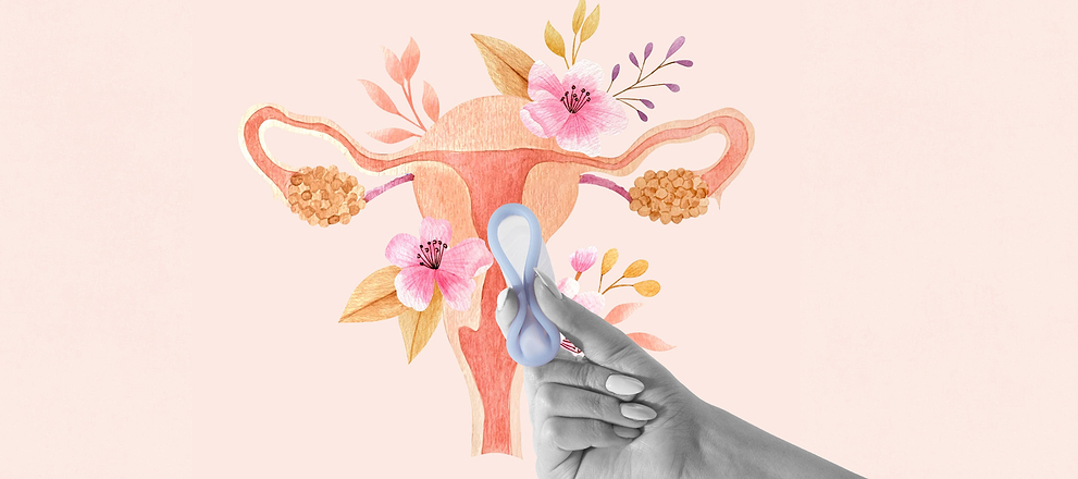 Hand holding menstrual cup in front of illustrated uterus with flowers