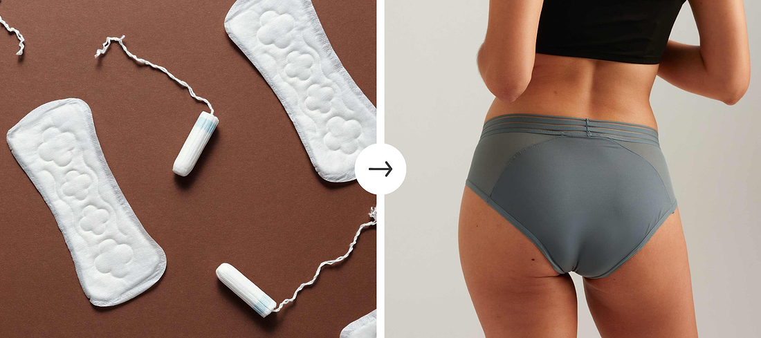 Tampons and pads transitioning to reusable period underwear in a side-by-side comparison image.