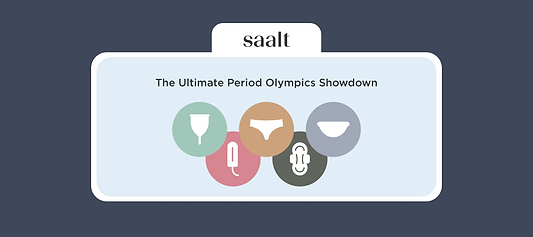 Graphic titled “The Ultimate Period Olympics Showdown” with icons for menstrual products on pastel circles.