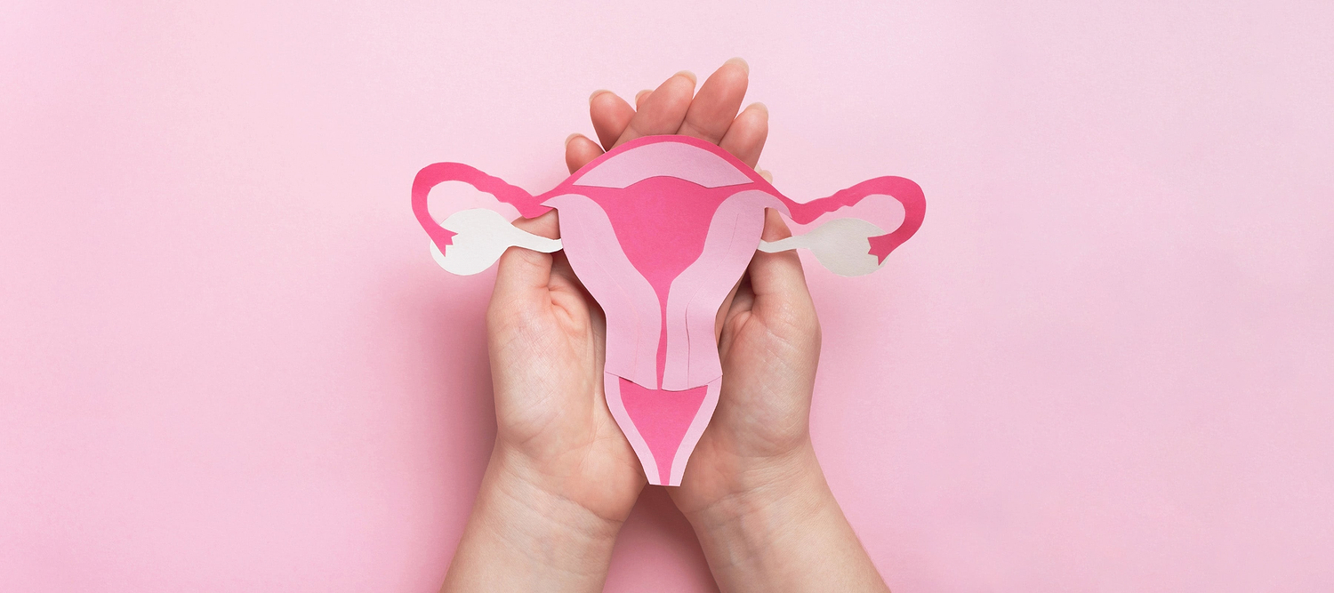 Hands holding a pink paper cutout of a uterus against a pastel pink background.