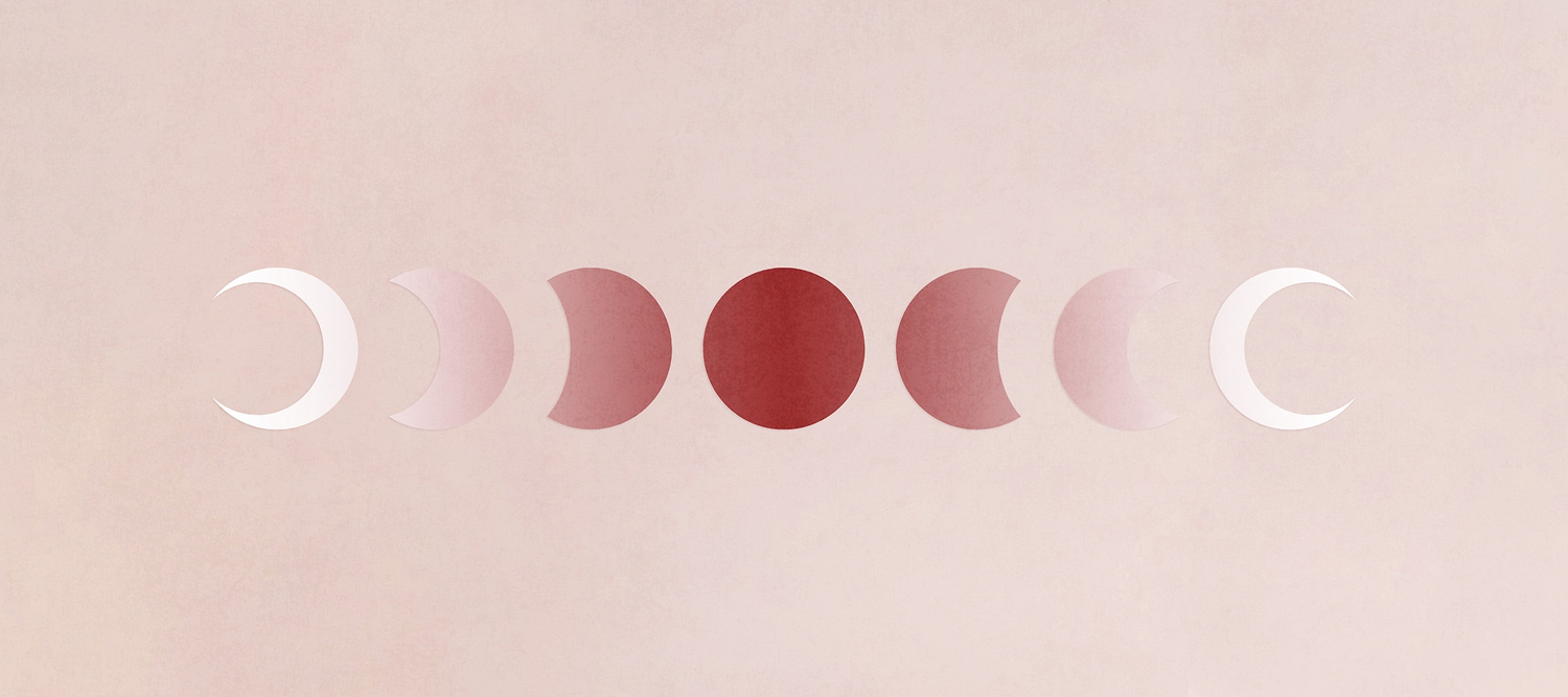 Minimalist illustration of moon phases in pink and red tones on a soft beige background.