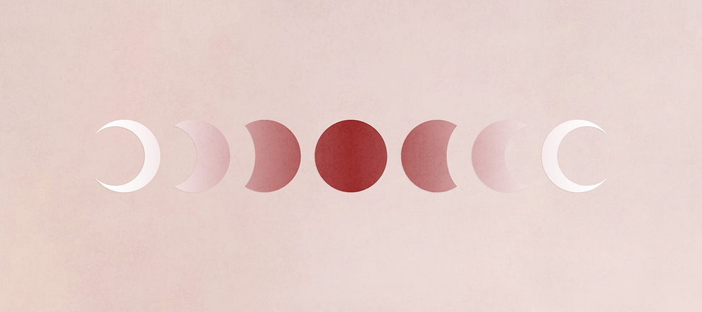 Minimalist illustration of moon phases in pink and red tones on a soft beige background.