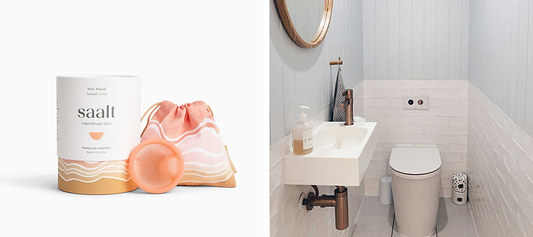 Saalt menstrual disc with storage pouch beside a modern bathroom interior with sink and toilet.