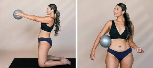Woman in athletic wear and period underwear posing with an exercise ball in a studio setting.