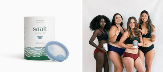 Saalt menstrual disc packaging beside a group of women modeling period underwear in a studio setting.