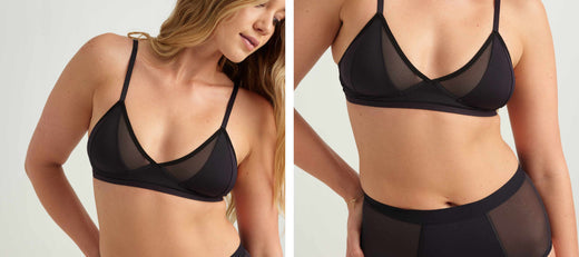 Woman modeling a black mesh-detail bralette and matching underwear in a studio setting.