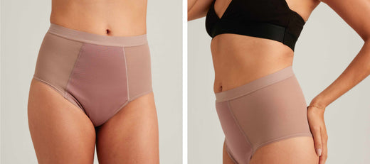 Woman modeling high-waisted absorbent period underwear in a neutral mauve tone.