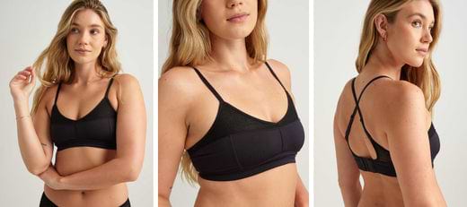 Woman modeling a black bralette from front, close-up, and back views against a neutral studio background.