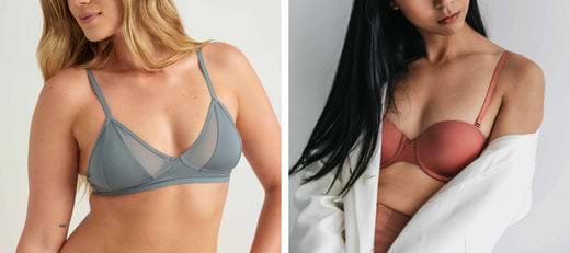 Two women modeling soft bralettes in blue and rose tones against a clean studio background.