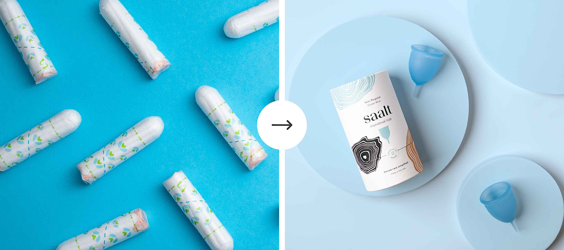 Comparison image of tampons and a menstrual cup package, illustrating reusable period care alternative.