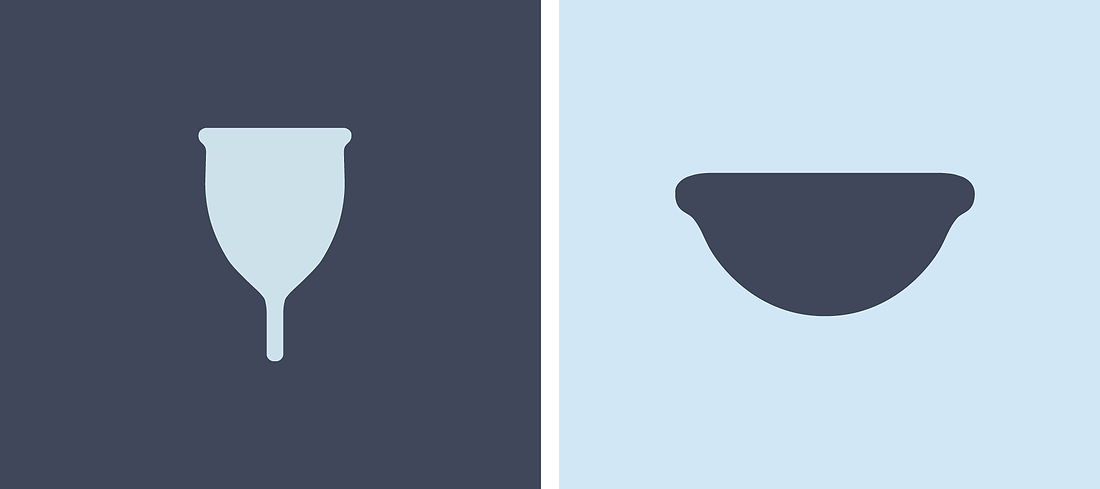 Illustration comparing a menstrual cup and menstrual disc on contrasting blue backgrounds.