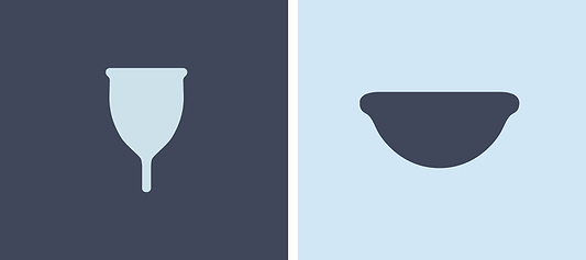 Illustration comparing a menstrual cup and menstrual disc on contrasting blue backgrounds.