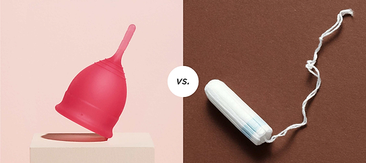 Menstrual cup and tampon side-by-side comparison on pink and brown backgrounds with “vs.” text.