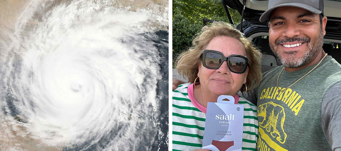 Satellite image of a hurricane beside two smiling people holding Saalt leakproof underwear packaging outdoors.