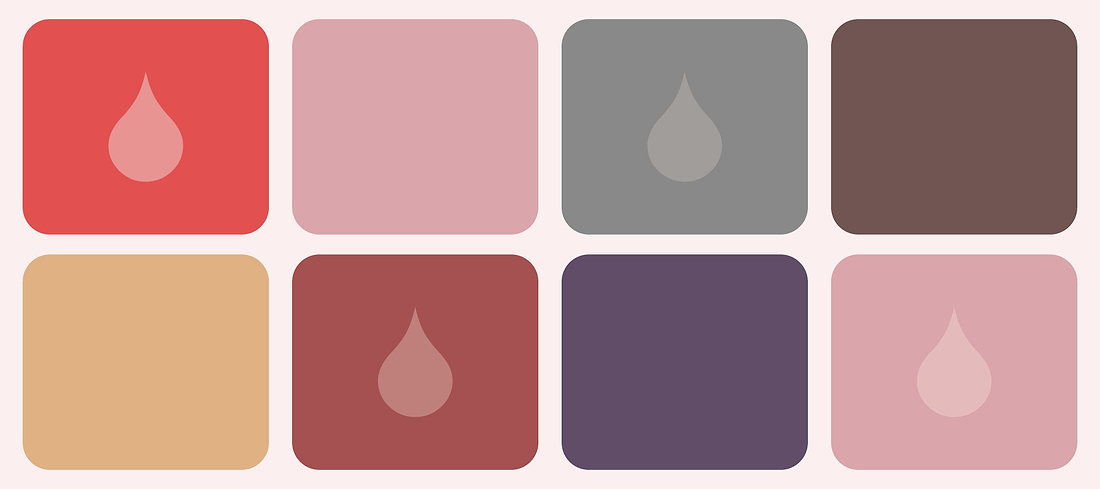 Grid of muted color swatches inspired by menstrual care branding and natural tones.