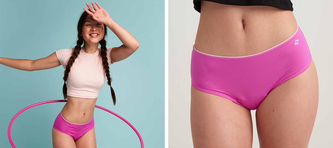 Person in bright pink underwear posing with a hula hoop beside a close-up product view.