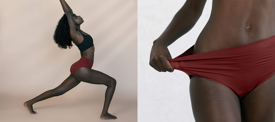 Model in burgundy underwear stretching in yoga pose beside close-up of stretchy waistband being pulled.
