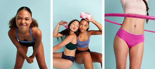 Three-panel collage of women in colorful activewear and period underwear posing against a blue background.