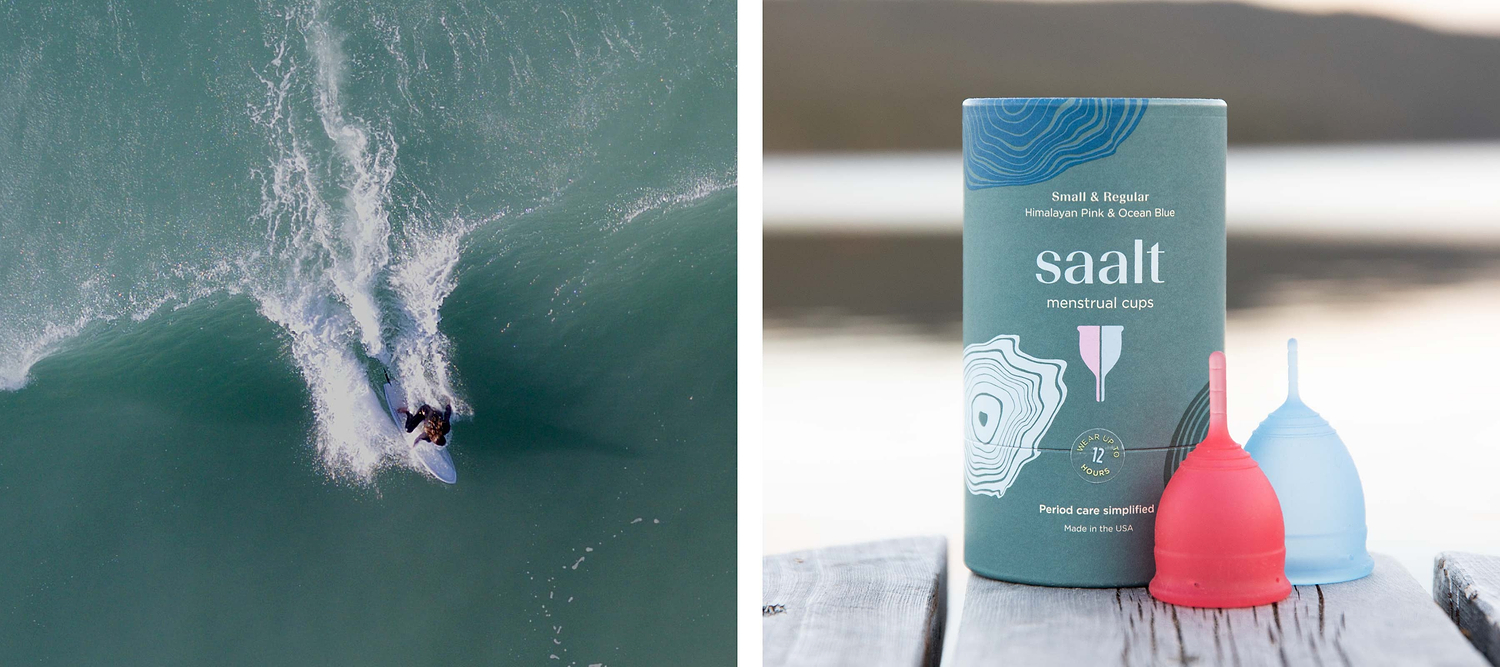 Split image of surfer riding a wave and Saalt menstrual cups with packaging on a wooden surface.