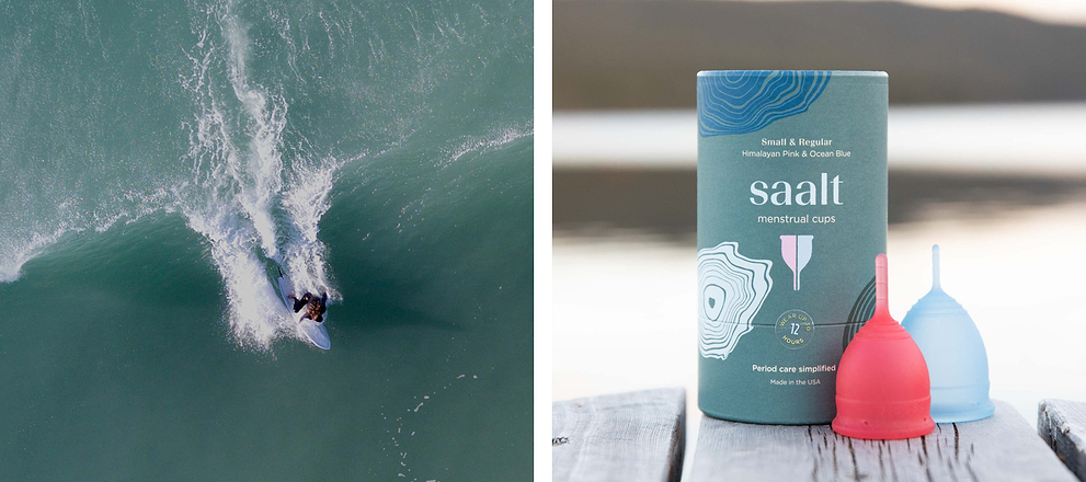Split image of surfer riding a wave and Saalt menstrual cups with packaging on a wooden surface.