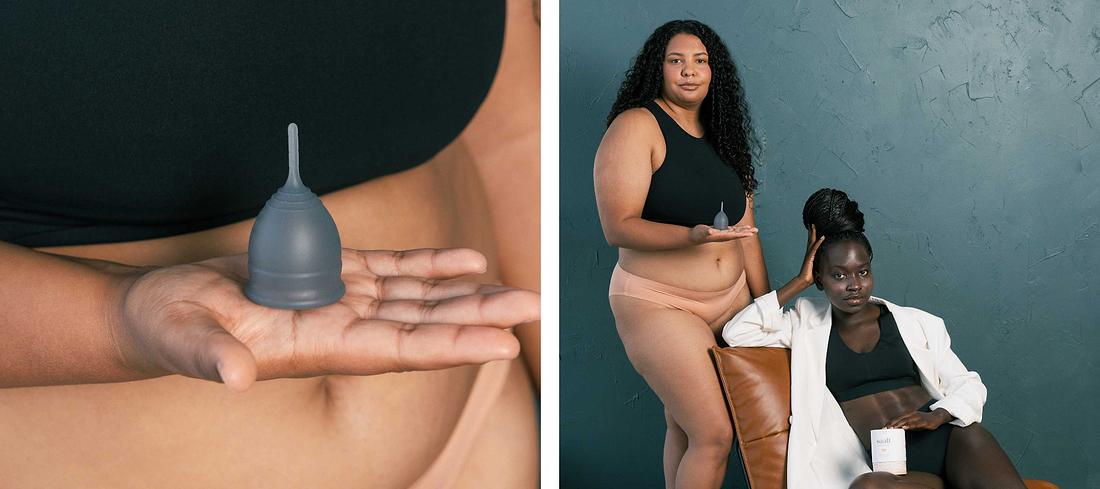 Two women modeling menstrual cups and underwear, including close-up and seated portrait shots.