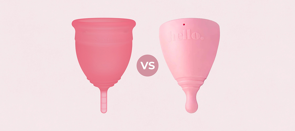 A dark pink menstrual cup next to a light pink cup with a vs icon between them on a pink background