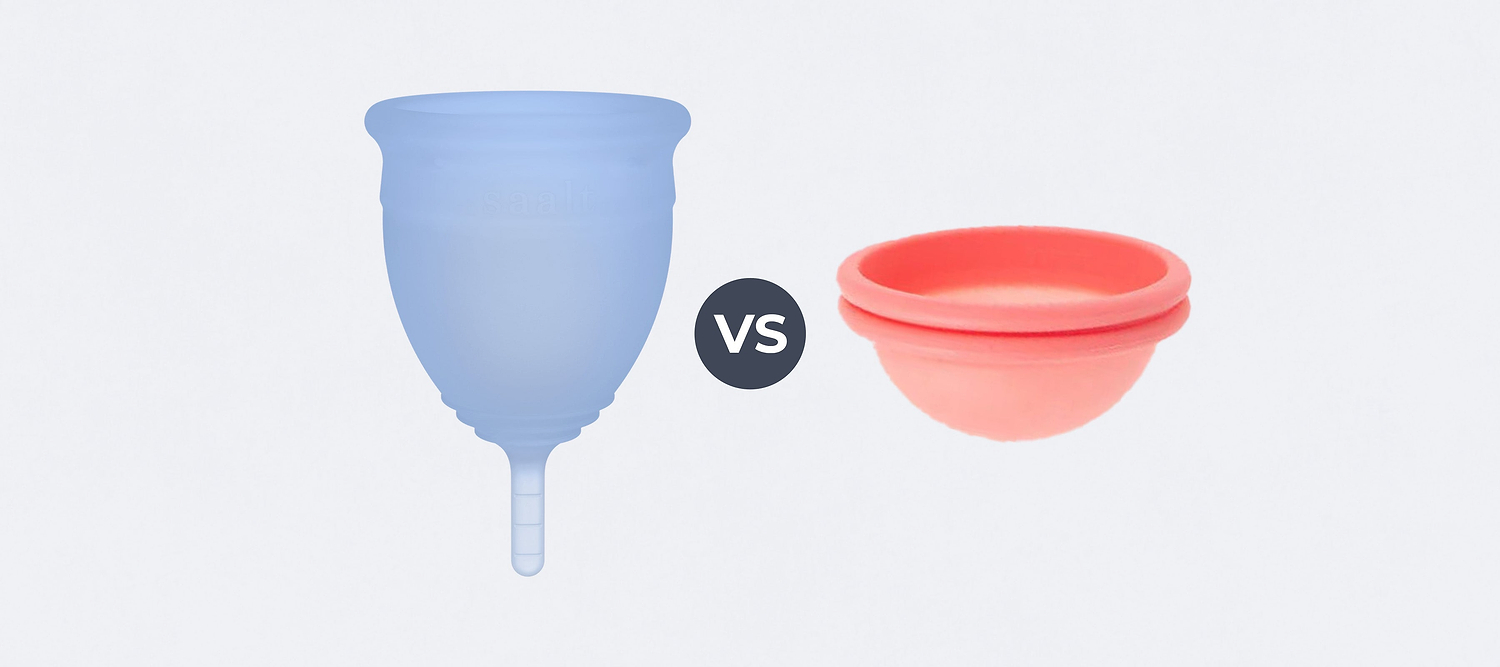 A blue menstrual cup next to a pink menstrual disc with a vs icon between them on a white background.