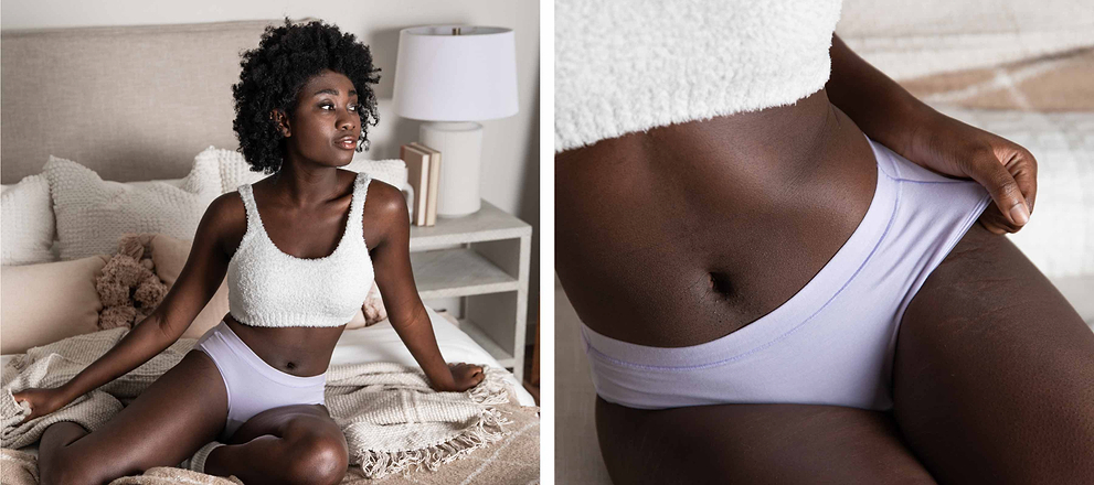 Woman in lavender underwear sitting on a bed with close-up detail of the soft fabric fit.
