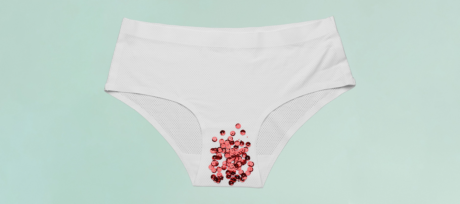 White underwear with red sequins symbolizing menstrual flow on a light green background.