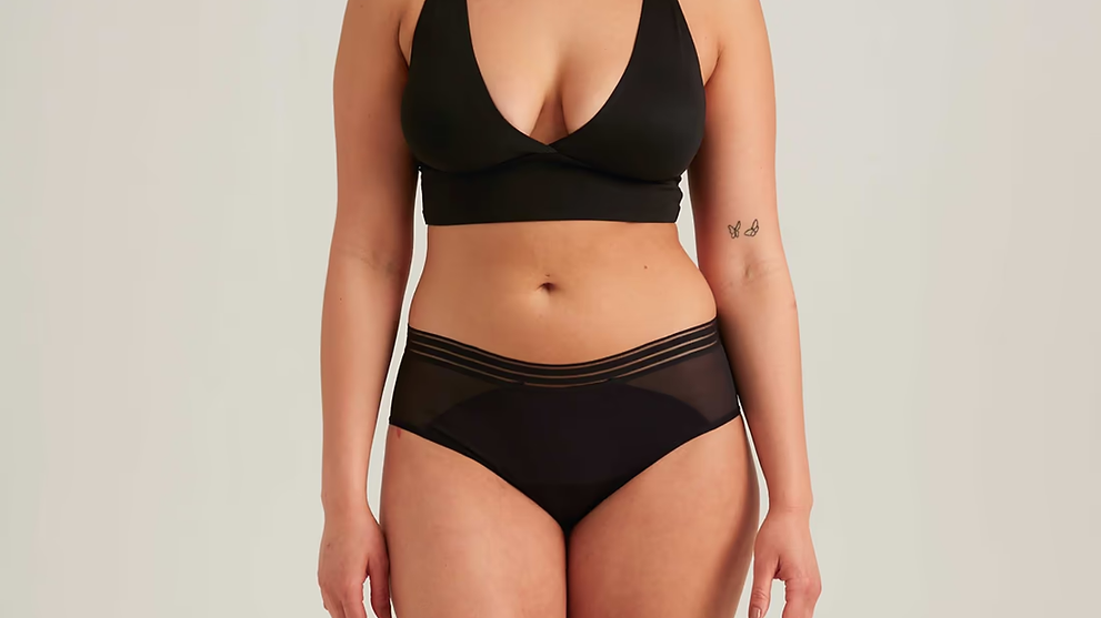 Women standing in black underwear against a plain background.