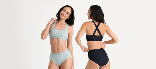 Two views of a woman modeling seamless underwear set, front and back, in neutral tones against a plain background.