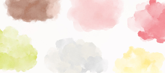 Soft watercolor paint blobs in pink, brown, green, yellow, and gray on a white background.